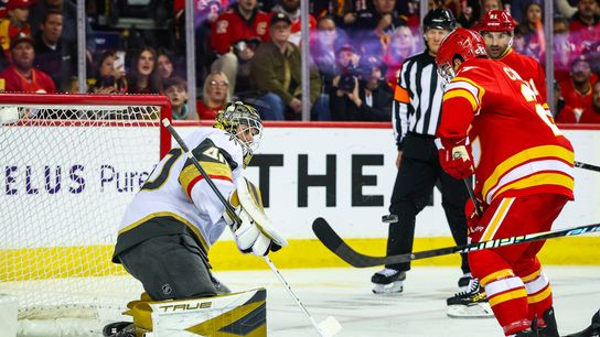Golden Knights’ 4-2 win over Flames overshadowed by Adin Hill’s injury taken at Scotiabank Saddledome (Vegas Golden Knights)