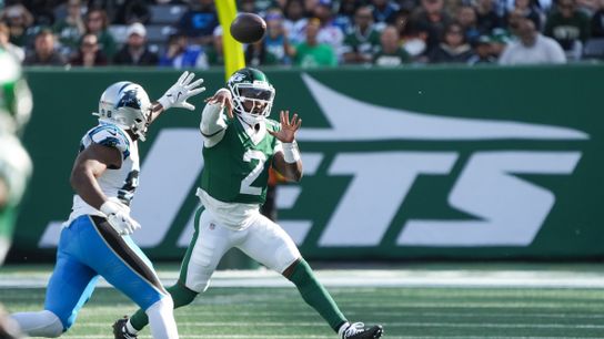 Oct 19, 2025; East Rutherford, New Jersey, USA; New York Jets quarterback Tyrod Taylor (2) throws the ball in the third quarter against the Carolina Panthers at MetLife Stadium.