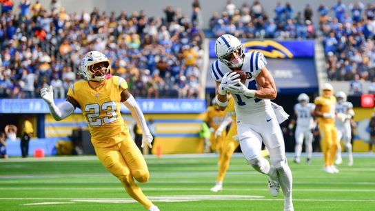 Oct 19, 2025; Inglewood, California, USA; Indianapolis Colts wide receiver Alec Pierce (14) catches the ball in the first half against the Los Angeles Chargers at SoFi Stadium.