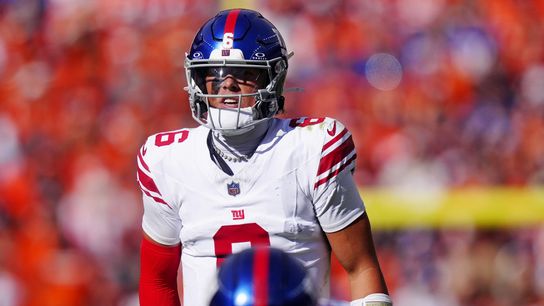 Oct 19, 2025; Denver, Colorado, USA; New York Giants quarterback Jaxson Dart (6) reacts after a play during the first half against the Denver Broncos at Empower Field at Mile High