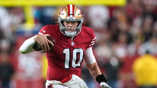 Oct 19, 2025; Santa Clara, California, USA; San Francisco 49ers quarterback Mac Jones (10) carries the ball against the Atlanta Falcons during the fourth quarter at Levi's Stadium.