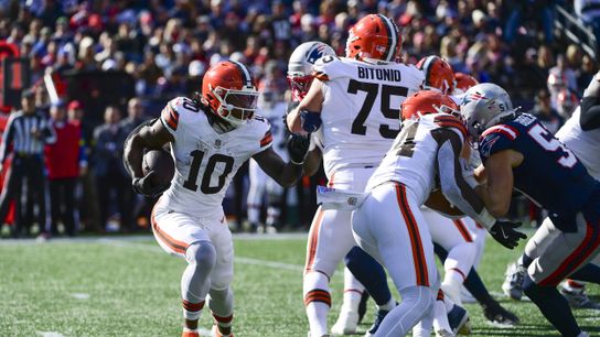 Oct 26, 2025; Foxborough, Massachusetts, USA; Cleveland Browns running back Quinshon Judkins (10) runs with the ball against the New England Patriots during the second quarter at Gillette Stadium.