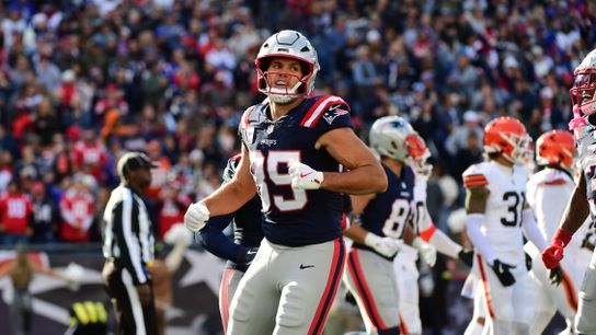 Oct 26, 2025; Foxborough, Massachusetts, USA; New England Patriots defensive end Keion White (99) reacts to a touchdown byNew England Patriots tight end Hunter Henry (85) (not pictured) during the third quarter against the Cleveland Browns at Gillette Stadium. 
