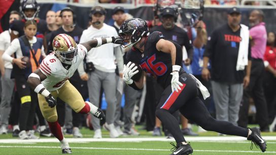 Oct 26, 2025; Houston, Texas, USA; Houston Texans tight end Dalton Schultz (86) runs with the ball after a reception as San Francisco 49ers safety Malik Mustapha (6) defends during the third quarter at NRG Stadium.