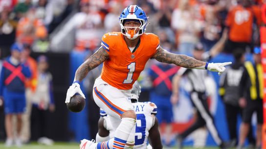 Oct 26, 2025; Denver, Colorado, USA; Denver Broncos tight end Evan Engram (1) runs against the Dallas Cowboys in the second half at Empower Field at Mile High.
