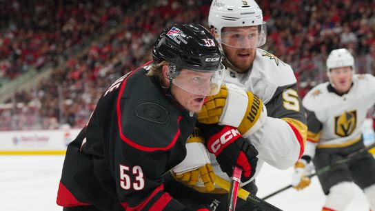 Oct 28, 2025; Raleigh, North Carolina, USA; Vegas Golden Knights defenseman Jeremy Lauzon (5) checks Carolina Hurricanes right wing Jackson Blake (53) during the third period at Lenovo Center. Oct 28, 2025; Raleigh, North Carolina, USA; Vegas Golden Knights defenseman Jeremy Lauzon (5) checks Carolina Hurricanes right wing Jackson Blake (53) during the third period at Lenovo Center.