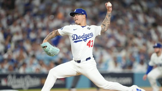 Los Angeles Dodgers pitcher Anthony Banda (43) pitches against the Toronto Blue Jays in the seventh inning during game four of the 2025 MLB World Series at Dodger Stadium. 