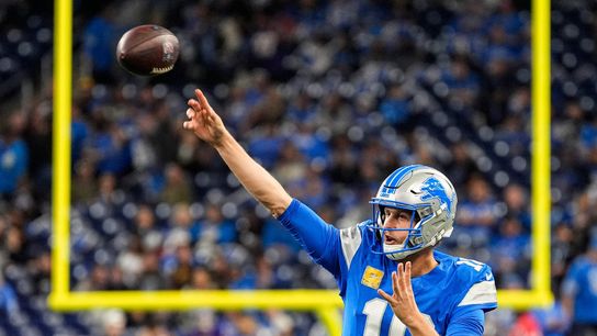 Detroit Lions quarterback Jared Goff (16) warms up ahead of the Minnesota Vikings game at Ford Field in Detroit on Sunday, November 2, 2025.