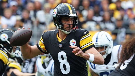 Pittsburgh Steelers quarterback Aaron Rodgers (8) warms up before the game against the Indianapolis Colts at Acrisure Stadium.