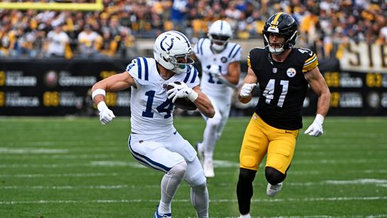 Nov 2, 2025; Pittsburgh, Pennsylvania, USA; Indianapolis Colts wide receiver Alec Pierce (14) catches a pass during the first half as Pittsburgh Steelers linebacker Payton Wilson (41) defends at Acrisure Stadium.