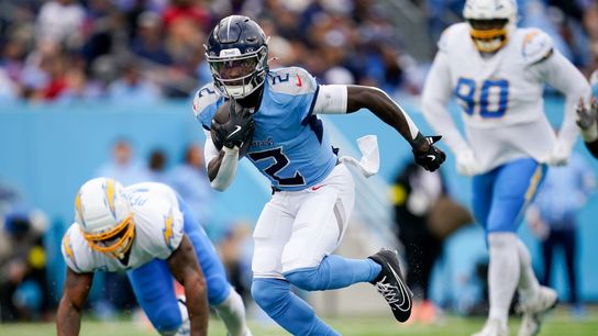Tennessee Titans running back Tyjae Spears (2) runs the ball against the Los Angeles Chargers during the second quarter at Nissan Stadium in Nashville, Tenn., Sunday, Nov. 2, 2025.