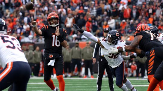 Cincinnati Bengals quarterback Joe Flacco (16) throws a pass in the fourth quarter of the NFL football game between Chicago Bears and Cincinnati Bengals at Paycor Stadium in Cincinnati on Nov. 2, 2025.