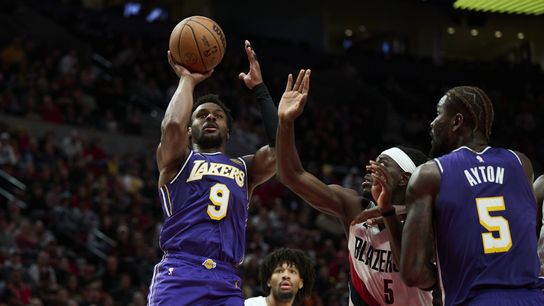 Short-handed Lakers surge late to beat Trail Blazers 123–115 taken at Moda Center (Los Angeles Lakers)