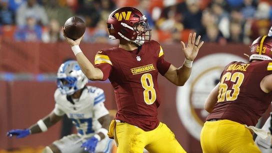 Nov 9, 2025; Landover, Maryland, USA; Washington Commanders quarterback Marcus Mariota (8) passes the ball against the Detroit Lions in the fourth quarter at Northwest Stadium. Nov 9, 2025; Landover, Maryland, USA; Washington Commanders quarterback Marcus Mariota (8) passes the ball against the Detroit Lions in the fourth quarter at Northwest Stadium.