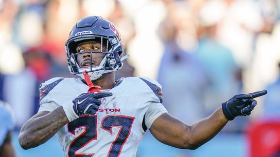Houston Texans running back Woody Marks (27) signals a first down during the fourth quarter against the Tennessee Titans at Nissan Stadium in Nashville, Tenn., Sunday, Nov. 16, 2025.