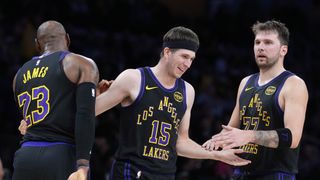 Lakers’ title odds plummet after injuries to Luka Dončić and Austin Reaves taken in Los Angeles (Los Angeles Lakers). Photo by Kirby Lee-Imagn Images
