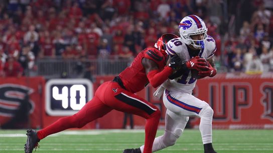 Nov 20, 2025; Houston, Texas, USA; Houston Texans cornerback Kamari Lassiter (4) pushes Buffalo Bills wide receiver Khalil Shakir (10) out of bounds in the second half at NRG Stadium.