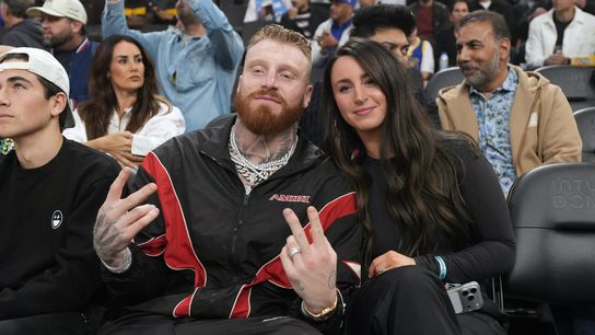 Maxx Crosby and James Harden watch Clippers beat the Golden Warriors taken at Intuit Dome (Las Vegas Raiders)