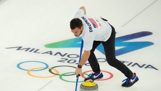 Feb 10, 2026; Cortina d'Ampezzo, Italy; Korey Dropkin of the United States during the curling mixed doubles gold medal game during the Milano Cortina 2026 Olympic Winter Games at Cortina Curling Olympic Stadium. 