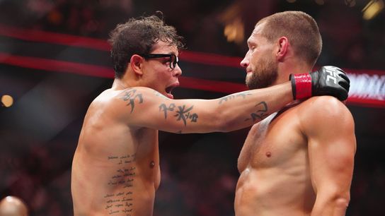 Charles Oliveira dominates Max Holloway to capture BMF title at UFC 326 rematch taken at T-Mobile Arena (UFC). Photo by Stephen R. Sylvanie-Imagn Images
