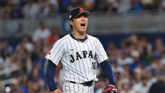 Japan starting pitcher Yoshinobu Yamamoto (18) reacts against Venezuela in the fourth inning during a quarterfinal game of the 2026 World Baseball Classic at loanDepot Park. Japan starting pitcher Yoshinobu Yamamoto (18) reacts against Venezuela in the fourth inning during a quarterfinal game of the 2026 World Baseball Classic at loanDepot Park.