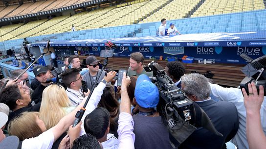 Former Los Angeles Dodgers pitcher Clayton Kershaw talks to the media prior to the game against the Arizona Diamondbacks at Dodger Stadium. Former Los Angeles Dodgers pitcher Clayton Kershaw talks to the media prior to the game against the Arizona Diamondbacks at Dodger Stadium.