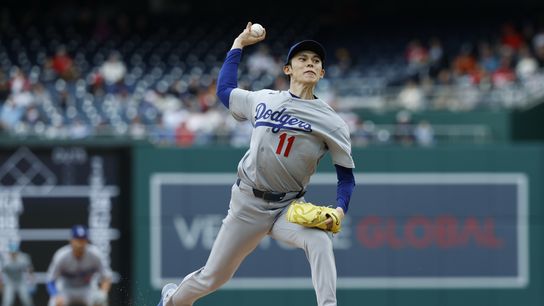 Roki Sasaki stumbles, Dodgers bail him out in comeback win taken at Nationals Park (Los Angeles Dodgers). Photo by Geoff Burke-Imagn Images