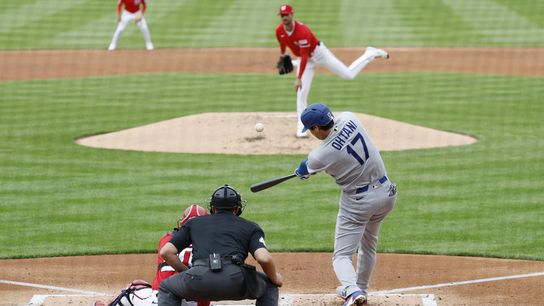 Los Angeles Dodgers two-way player Shohei Ohtani (17) hits a solo home run off of Washington Nationals pitcher Foster Griffin (22) during the third inning at Nationals Park. Los Angeles Dodgers two-way player Shohei Ohtani (17) hits a solo home run off of Washington Nationals pitcher Foster Griffin (22) during the third inning at Nationals Park.