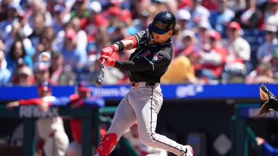 Arizona Diamondbacks outfielder Alek Thomas (5) hits a double against the Philadelphia Phillies in the second inning at Citizens Bank Park. Arizona Diamondbacks outfielder Alek Thomas (5) hits a double against the Philadelphia Phillies in the second inning at Citizens Bank Park.