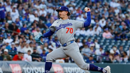 Los Angeles Dodgers starting pitcher Justin Wrobleski (70) pitches in the first inning against the Colorado Rockies at Coors Field. 