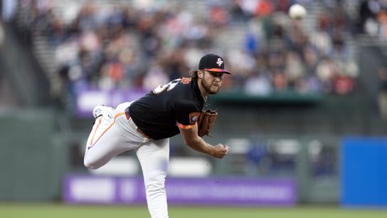 San Francisco Giants starting pitcher Landen Roupp (65) throws against the Los Angeles Dodgers during the first inning at Oracle Park. 