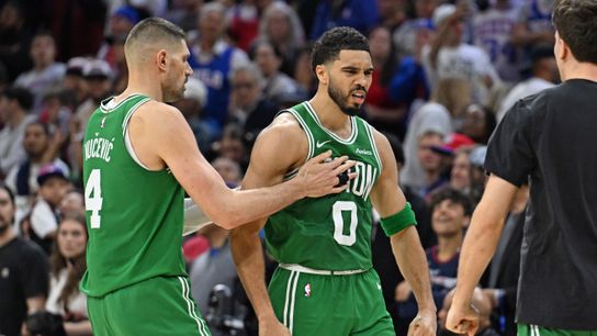 Apr 24, 2026; Philadelphia, Pennsylvania, USA; Boston Celtics forward Jayson Tatum (0) celebrates his three point basket against the Philadelphia 76ers late in the fourth quarter at Xfinity Mobile Arena.
