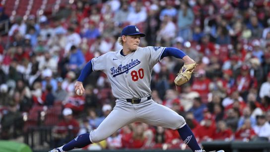Los Angeles Dodgers pitcher Emmet Sheehan (80) pitches against the St. Louis Cardinals in the first inning at Busch Stadium. 