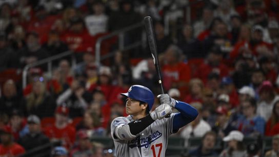 Los Angeles Dodgers designated hitter Shohei Ohtani (17) at bat against the St. Louis Cardinals in the sixth inning at Busch Stadium. 