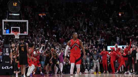 May 1, 2026; Toronto, Ontario, CAN; Toronto Raptors forward RJ Barrett (9) reacts after scoring the winning basket against the Cleveland Cavaliers during the overtime period in game six of the first round of the 2026 NBA Playoffs at Scotiabank Arena.