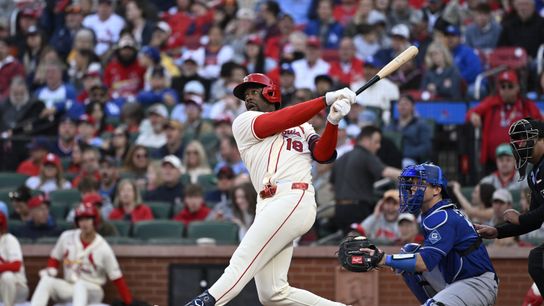 St. Louis Cardinals right fielder Jordan Walker (18) hits a two-run home run against the Los Angeles Dodgers in the third inning at Busch Stadium. 
