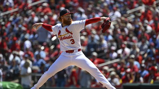 St. Louis Cardinals starting pitcher Dustin May (3) delivers a pitch against the Los Angeles Dodgers in the first inning at Busch Stadium. 