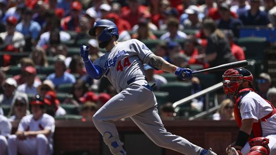 Los Angeles Dodgers center fielder Andy Pages (44) hits an RBI double against the St. Louis Cardinals in the second inning at Busch Stadium. 