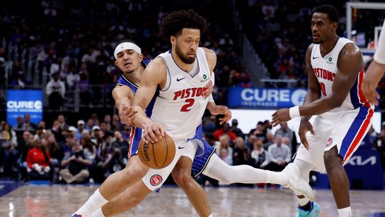May 3, 2026; Detroit, Michigan, USA; Detroit Pistons guard Cade Cunningham (2) dribbles defended by Orlando Magic guard Anthony Black (0) in the second half during game seven of the first round of the 2026 NBA Playoffs at Little Caesars Arena. 