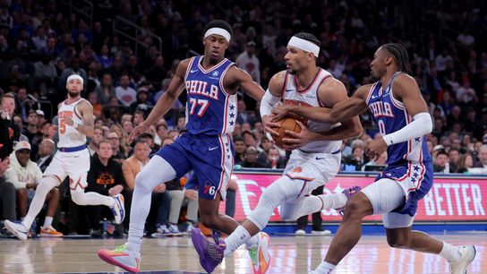 May 4, 2026; New York, New York, USA; New York Knicks guard Josh Hart (3) drives to the basket against Philadelphia 76ers guards VJ Edgecombe (77) and Tyrese Maxey (0) during the second quarter of game one of the eastern conference semifinal round of the 2026 NBA Playoffs at Madison Square Garden.