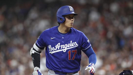 Los Angeles Dodgers designated hitter Shohei Ohtani (17) reacts after a pitch during the second inning against the Houston Astros at Daikin Park. 