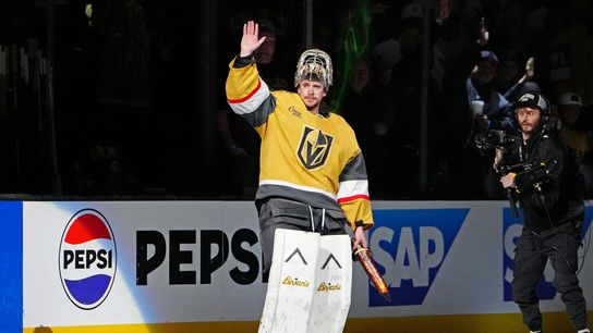 The story of Carter Hart hits triumphant chapter in Game One against Ducks taken at T-Mobile Arena (Vegas Golden Knights). Photo by Stephen R. Sylvanie-Imagn Images
