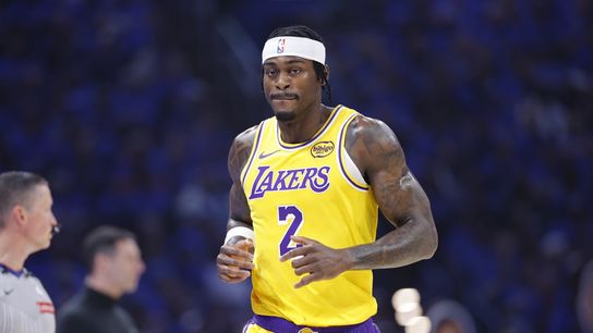 The internet is breaking over Jarred Vanderbilt's gruesome pinky dislocation taken at Paycom Center (Los Angeles Lakers). Photo by Alonzo Adams-Imagn Images