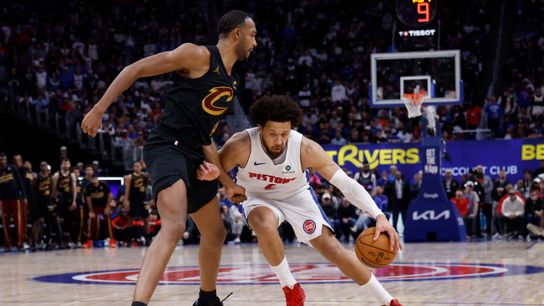 May 7, 2026; Detroit, Michigan, USA; Detroit Pistons guard Cade Cunningham (2) dribbles defended by Cleveland Cavaliers center Evan Mobley (4) in the second half during game two of the second round of the 2026 NBA Playoffs at Little Caesars Arena. 