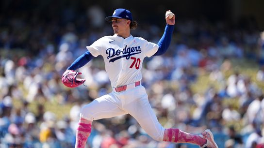 Los Angeles Dodgers pitcher Justin Wrobleski (70) throws in the ninth inning against the Atlanta Braves at Dodger Stadium. 