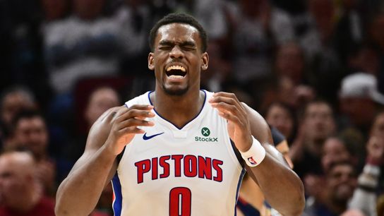 May 11, 2026; Cleveland, Ohio, USA; Detroit Pistons center Jalen Duren (0) reacts after a play against the Cleveland Cavaliers during the second half of game four in the second round of the 2026 NBA Playoffs at Rocket Arena. May 11, 2026; Cleveland, Ohio, USA; Detroit Pistons center Jalen Duren (0) reacts after a play against the Cleveland Cavaliers during the second half of game four in the second round of the 2026 NBA Playoffs at Rocket Arena.