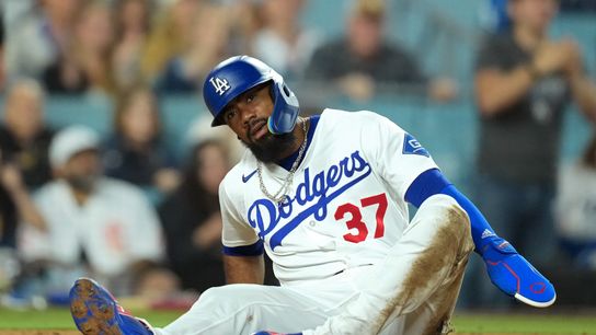 Teoscar Hernández provides recovery timeline after hamstring injury taken at Dodger Stadium (Los Angeles Dodgers). Photo by Kirby Lee-Imagn Images