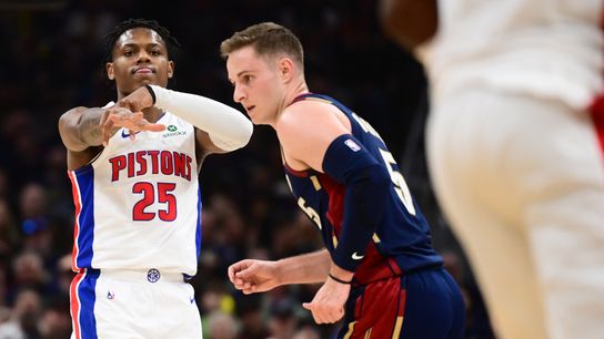 May 15, 2026; Cleveland, Ohio, USA; Detroit Pistons guard Marcus Sasser (25) celebrates after hitting a three point basket against the Cleveland Cavaliers during the second half in game six of the second round of the 2026 NBA Playoffs at Rocket Arena