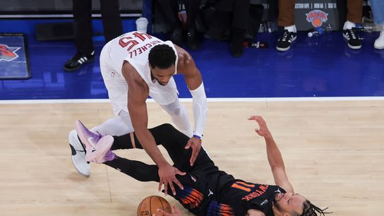 May 21, 2026; New York, New York, USA; Cleveland Cavaliers guard Donovan Mitchell (45) collides with New York Knicks guard Jalen Brunson (11) during the fourth quarter of game two of the eastern conference finals during the 2026 NBA at Madison Square Garden. 