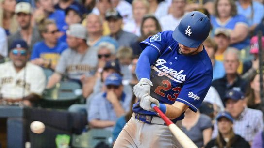 Los Angeles Dodgers right fielder Kyle Tucker (23) hits a triple to drive in two runs against the Milwaukee Brewers in the fifth inning at American Family Field. Los Angeles Dodgers right fielder Kyle Tucker (23) hits a triple to drive in two runs against the Milwaukee Brewers in the fifth inning at American Family Field.